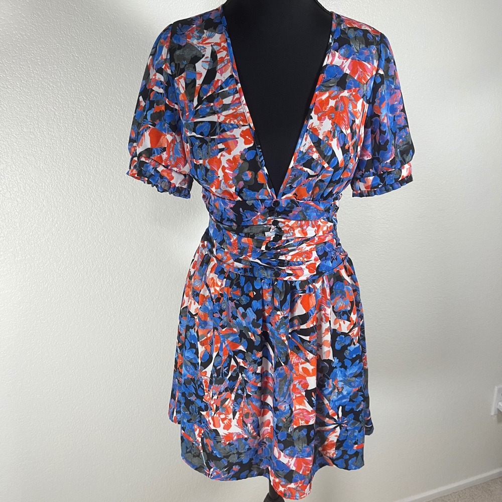 Urban Outfitters Tropical Resortwear V-Neck Mini Dress Blue Ruched Waist Sz S